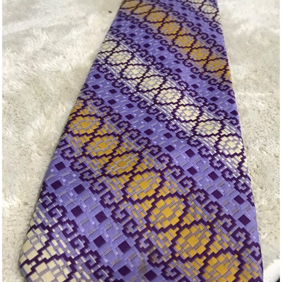 Louis Feraud Paris Designer Silk Tie Purple & Yellow Geometric Pattern - Picture 5 of 6